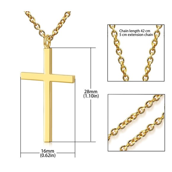 Gold Plated Simple Religious Smooth Cross Pendant Necklace Unisex - Picture 5 of 7